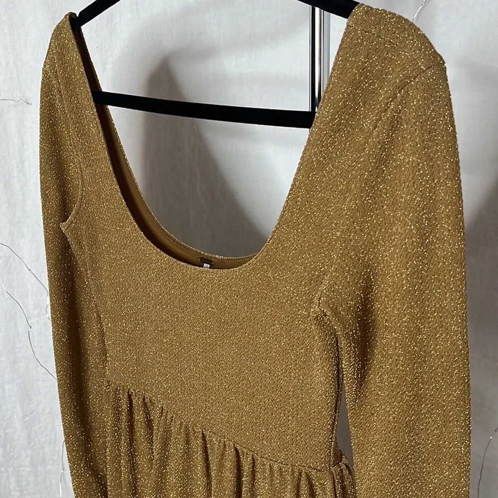Free People Day & Night Gold Metallic Long Sleeve Babydoll Mini Dress Women’s S - Picture 8 of 12